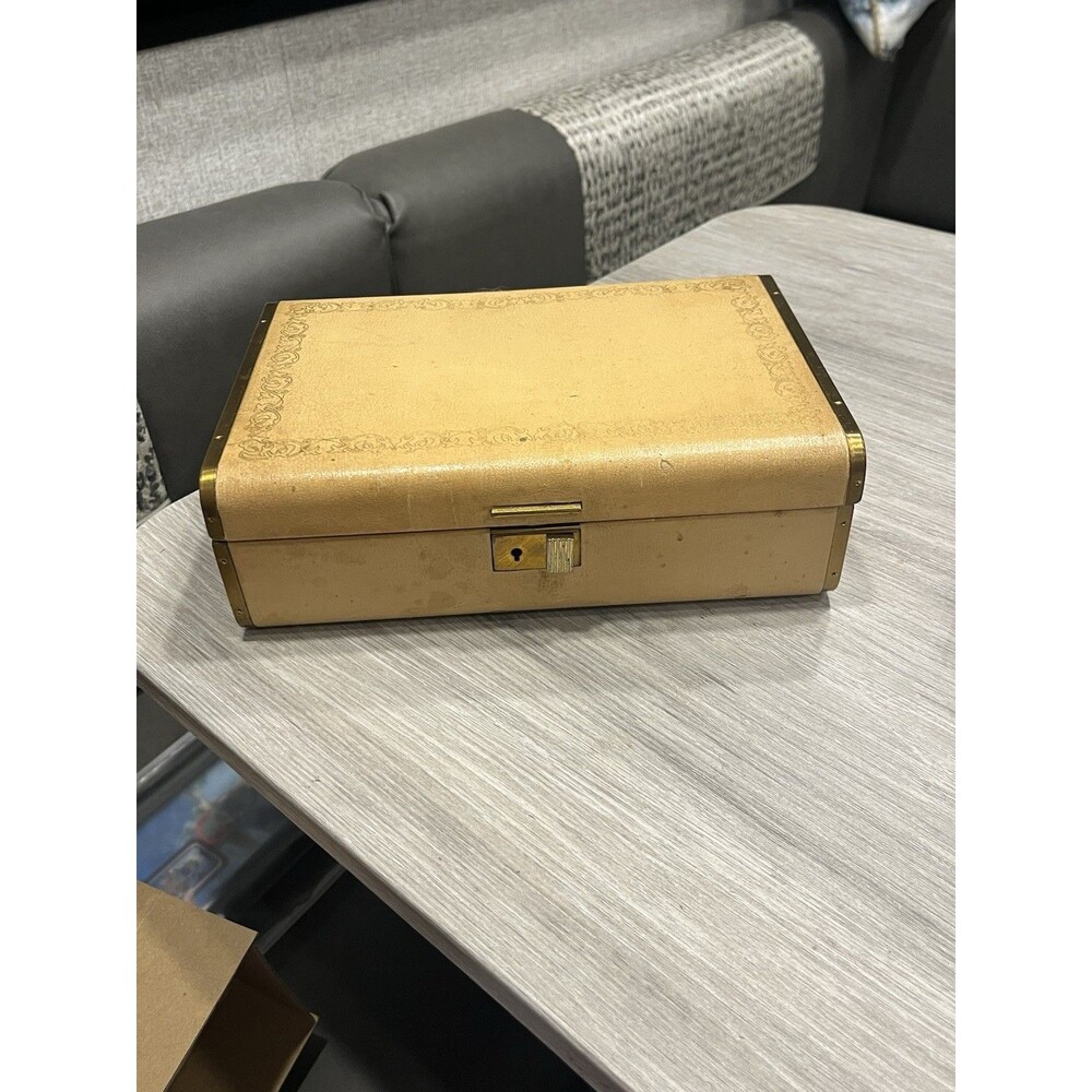 Vintage Fashioned By Farrington Texol Jewelry Box Travel Jewel Case Tan Purple